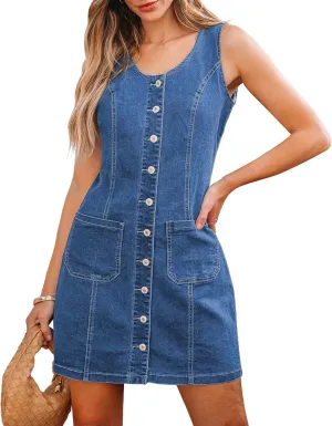 luvamia Denim Dresses for Women Sleeveless Stretchy Jean Summer Casual Western Short Button Down Dress with Patch Pocket