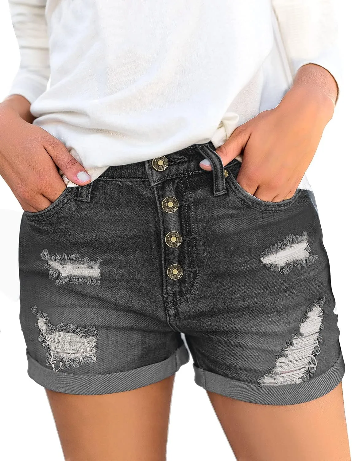 luvamia Women's Ripped High Waisted Denim Shorts Stretchy Cuffed Hem Jean Shorts
