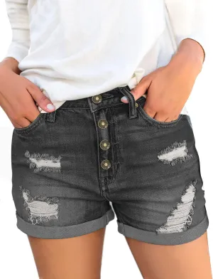 luvamia Women's Ripped High Waisted Denim Shorts Stretchy Cuffed Hem Jean Shorts