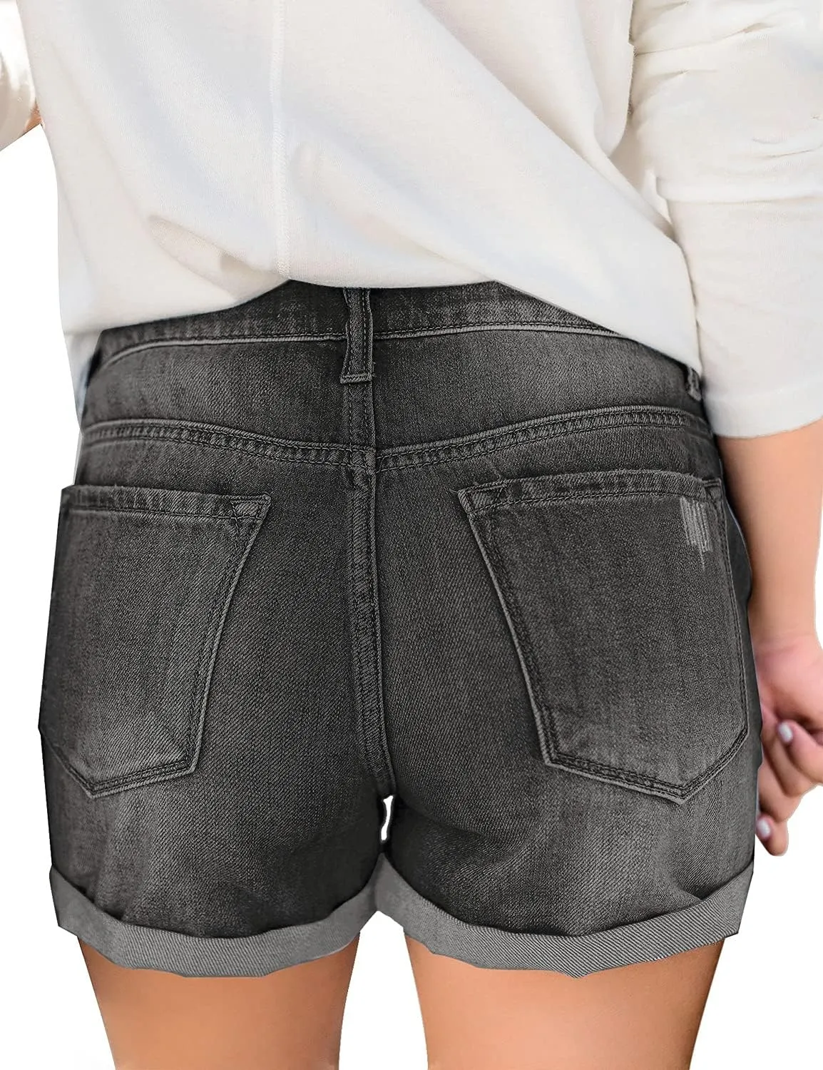 luvamia Women's Ripped High Waisted Denim Shorts Stretchy Cuffed Hem Jean Shorts