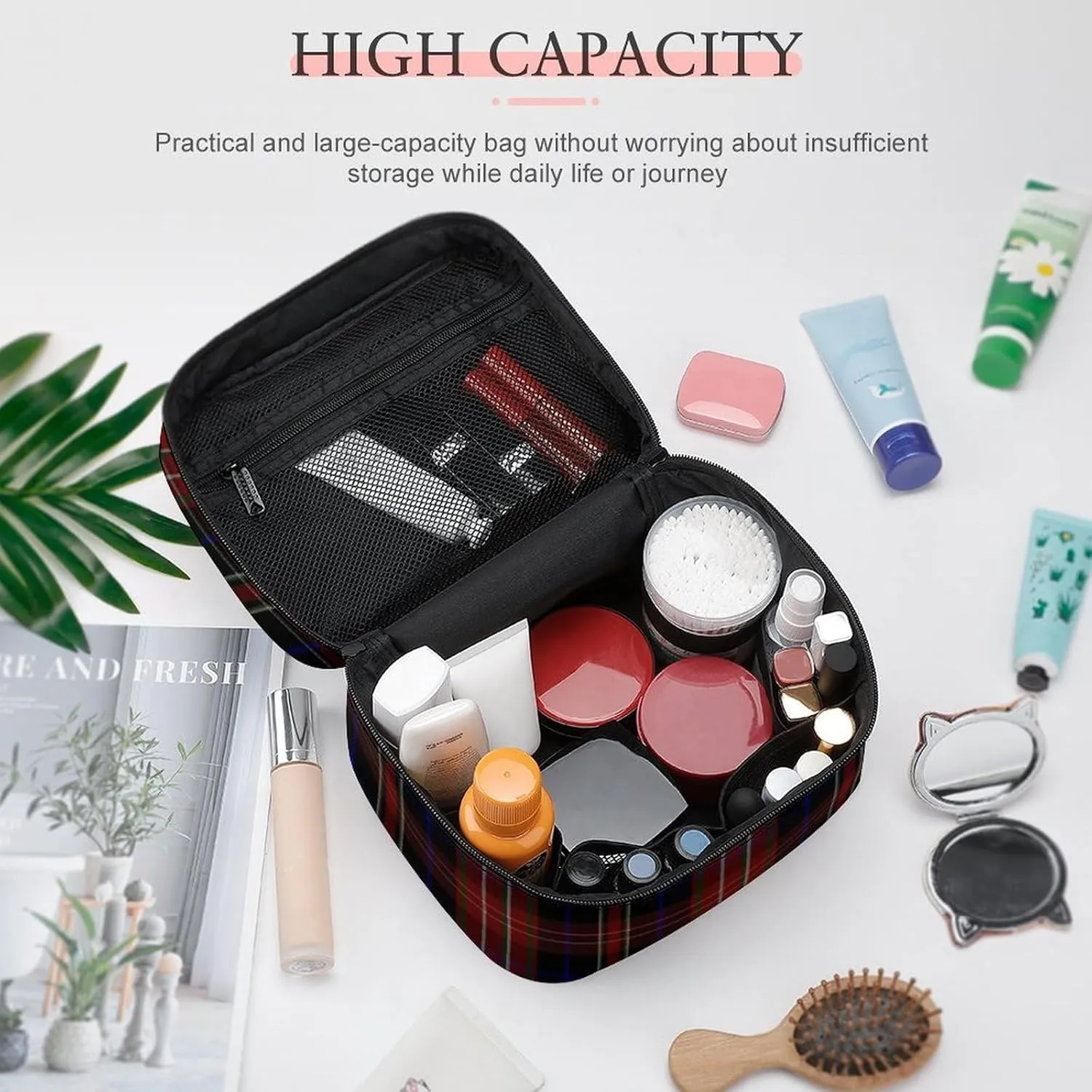 MacDonald Tartan Plaid Black Red Large Capacity Soft And High-value Practical Makeup And Wash Bag