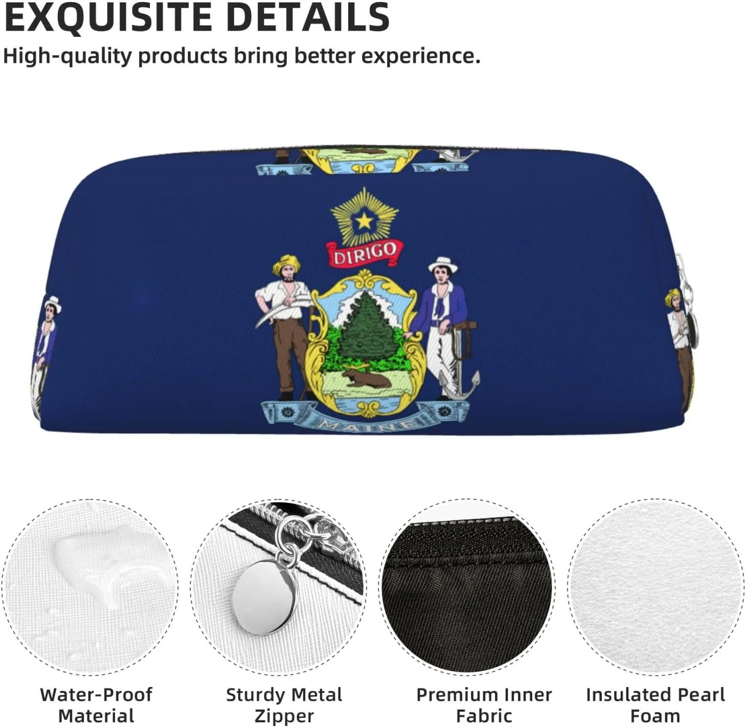 Maine State Flag Print Pencil Case With Zipper, Large Capacity Pen Bag For Pencils, Leather Pouch For Travel