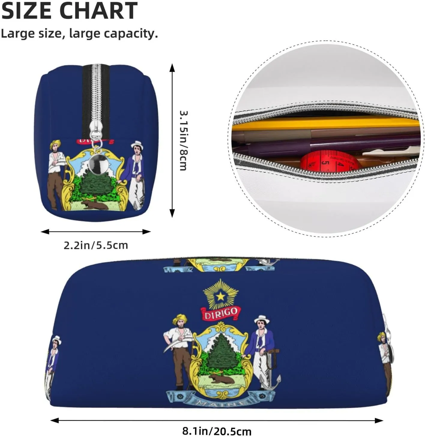 Maine State Flag Print Pencil Case With Zipper, Large Capacity Pen Bag For Pencils, Leather Pouch For Travel