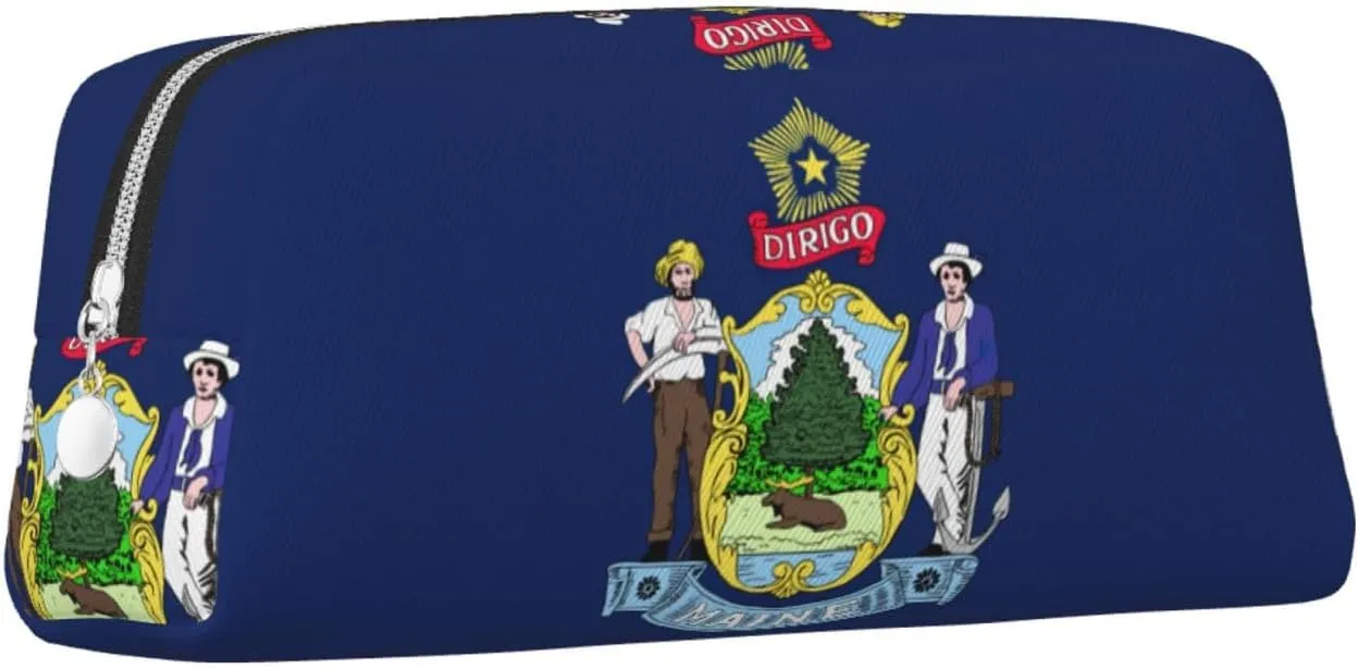 Maine State Flag Print Pencil Case With Zipper, Large Capacity Pen Bag For Pencils, Leather Pouch For Travel
