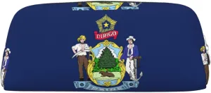 Maine State Flag Print Pencil Case With Zipper, Large Capacity Pen Bag For Pencils, Leather Pouch For Travel