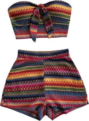 MakeMeChic Women's 2 Piece Outfits Tribal Print Knot Front Bandeau Crop Top and Shorts Boho Set