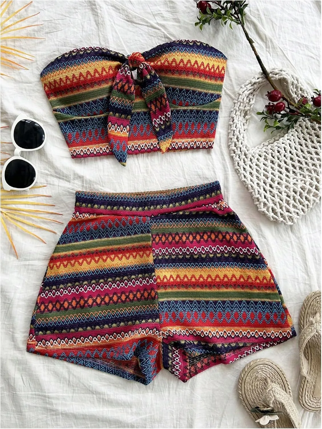MakeMeChic Women's 2 Piece Outfits Tribal Print Knot Front Bandeau Crop Top and Shorts Boho Set