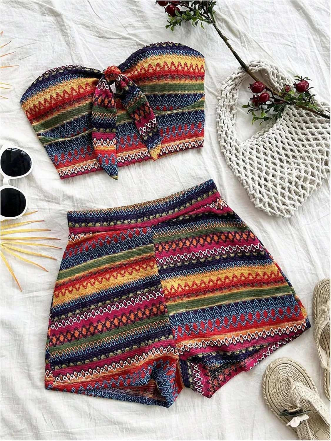 MakeMeChic Women's 2 Piece Outfits Tribal Print Knot Front Bandeau Crop Top and Shorts Boho Set