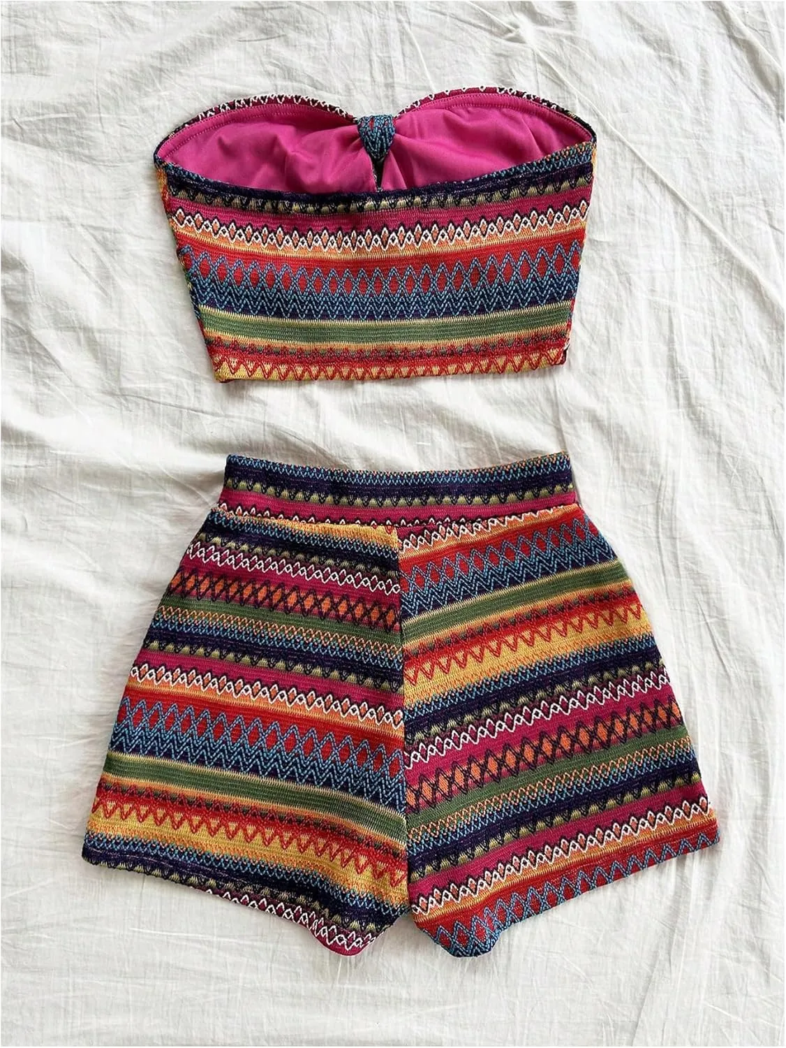 MakeMeChic Women's 2 Piece Outfits Tribal Print Knot Front Bandeau Crop Top and Shorts Boho Set