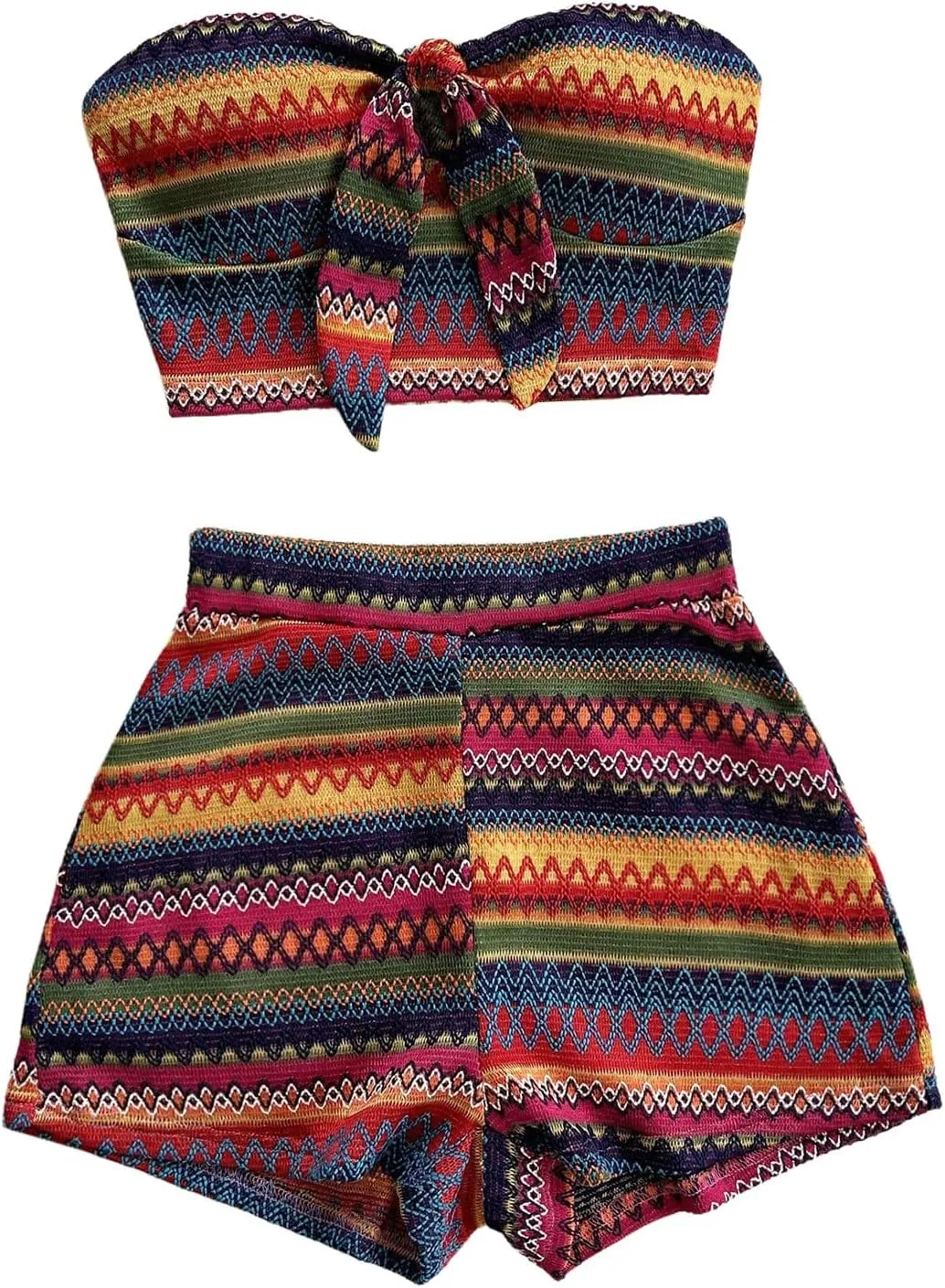 MakeMeChic Women's 2 Piece Outfits Tribal Print Knot Front Bandeau Crop Top and Shorts Boho Set