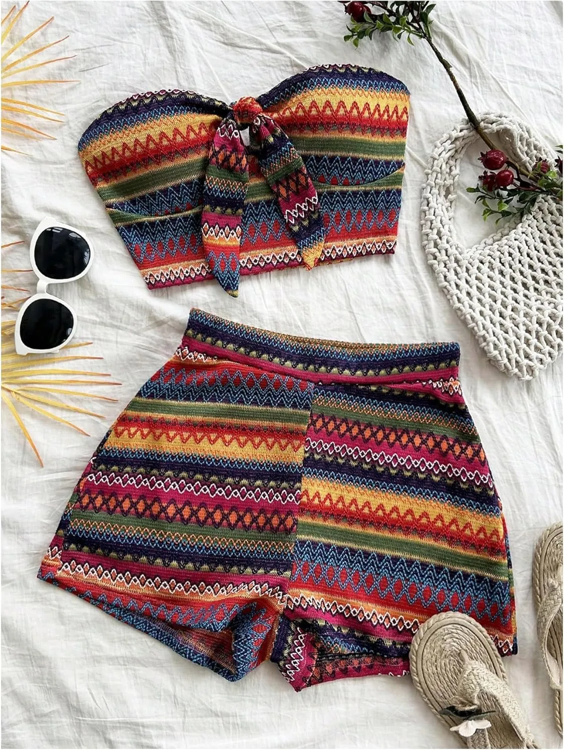 MakeMeChic Women's 2 Piece Outfits Tribal Print Knot Front Bandeau Crop Top and Shorts Boho Set