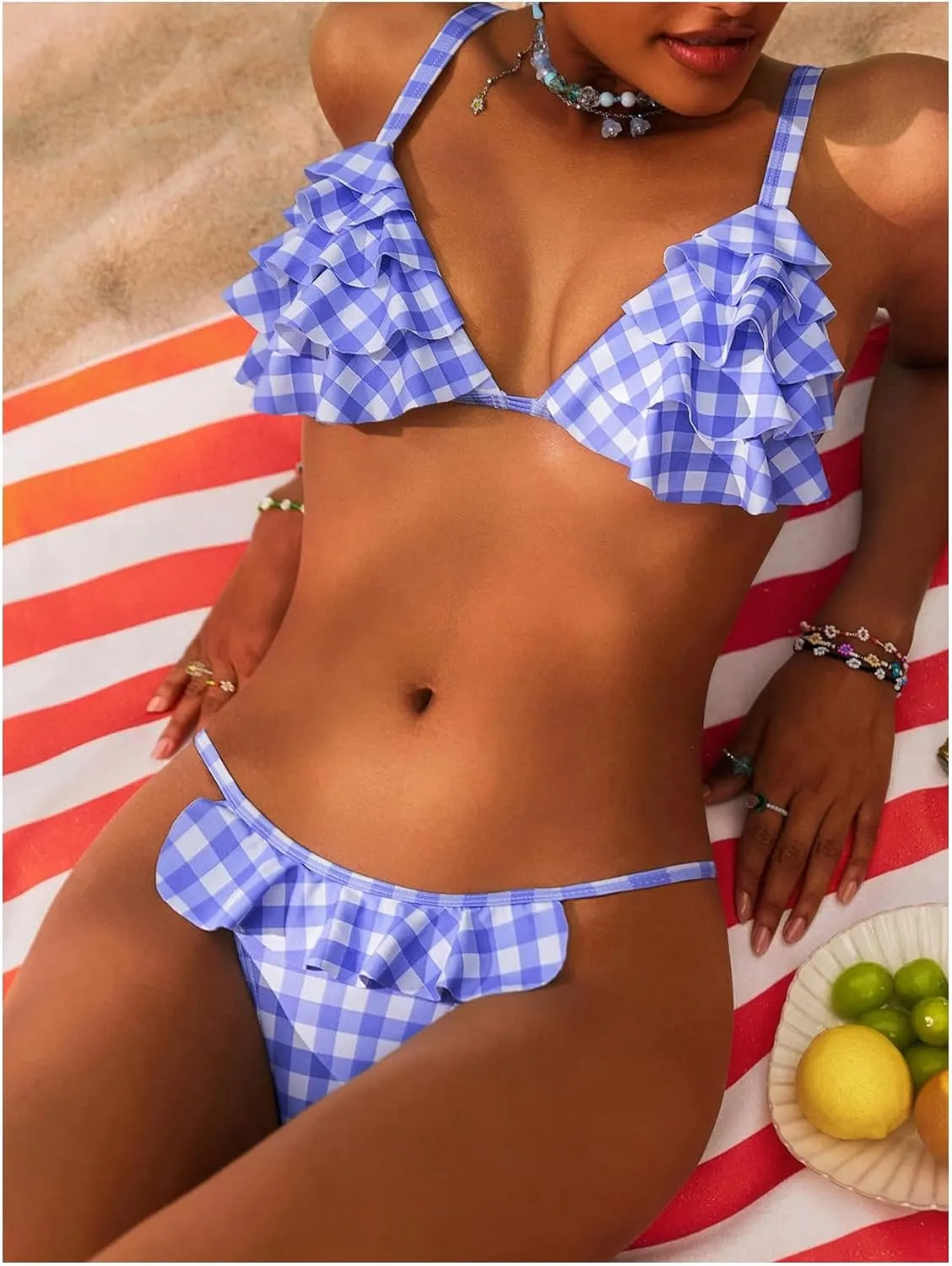 MakeMeChic Women's Layered Ruffle Bikini Set Plaid Triangle Tie Back Thong Bathing Suit