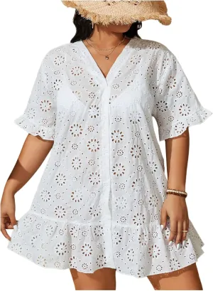 MakeMeChic Women's Plus Size Cover Up Swimsuit Hollow Out Short Sleeve V Neck Bikini Coverup