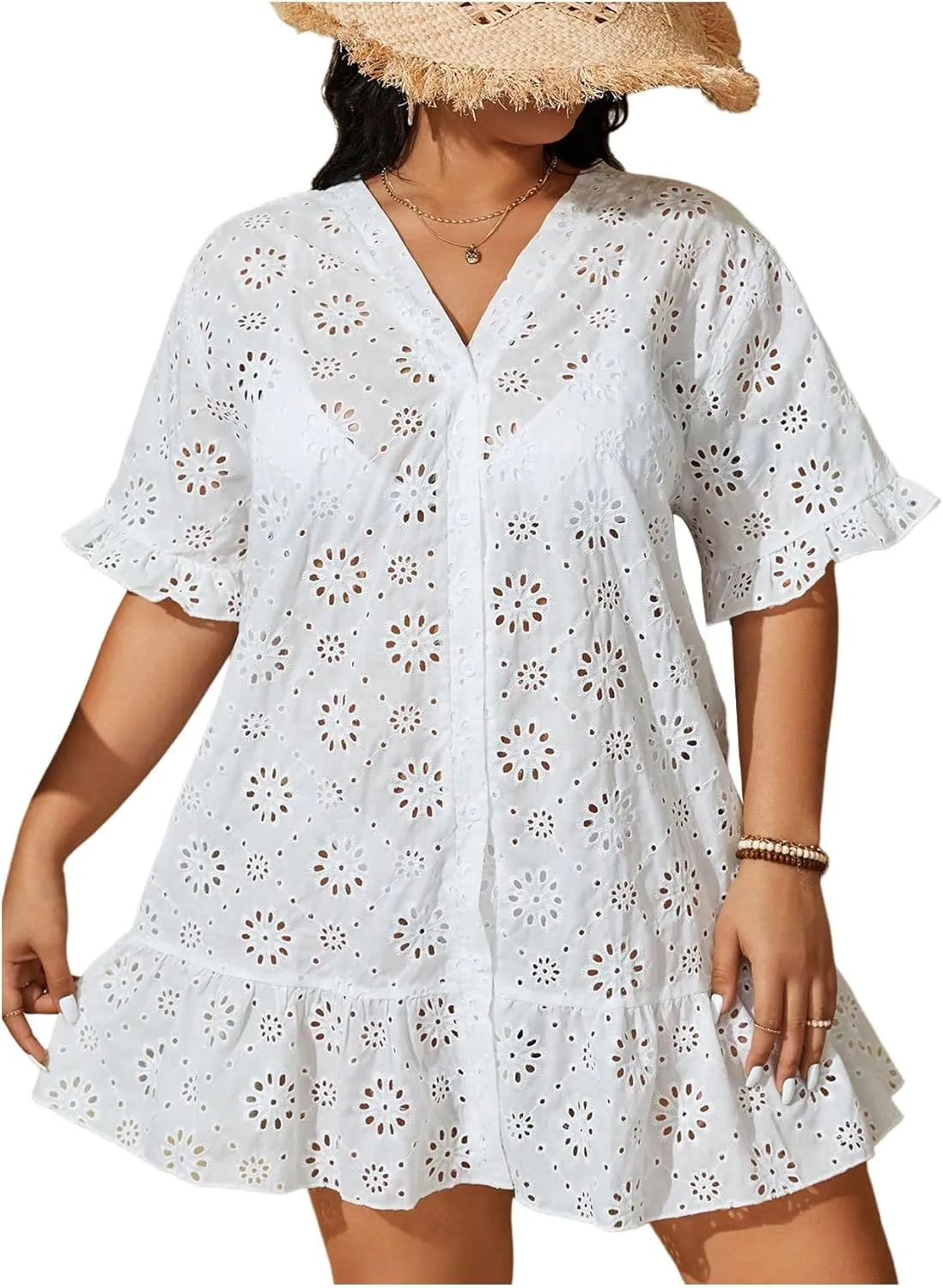 MakeMeChic Women's Plus Size Cover Up Swimsuit Hollow Out Short Sleeve V Neck Bikini Coverup