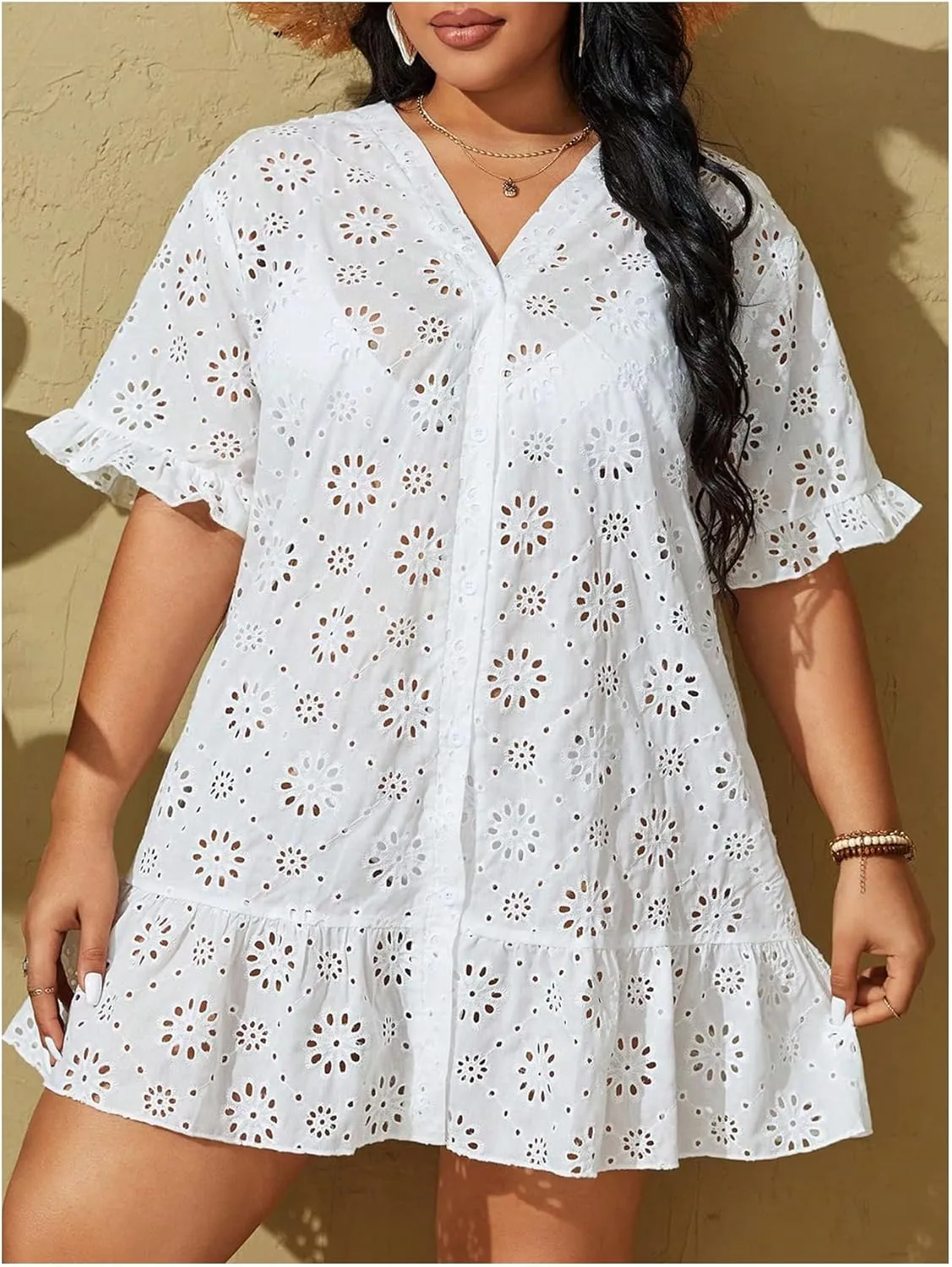 MakeMeChic Women's Plus Size Cover Up Swimsuit Hollow Out Short Sleeve V Neck Bikini Coverup