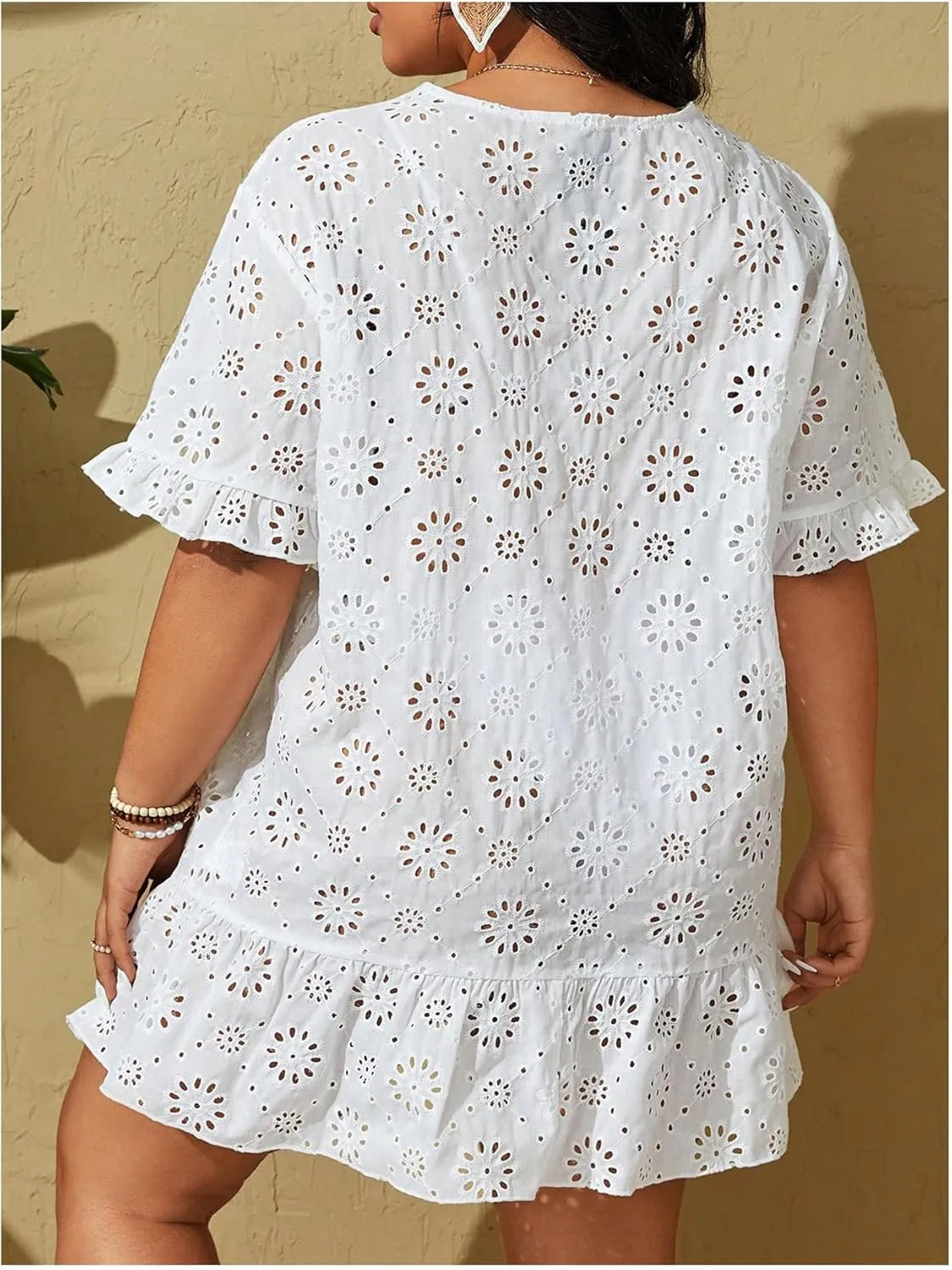 MakeMeChic Women's Plus Size Cover Up Swimsuit Hollow Out Short Sleeve V Neck Bikini Coverup