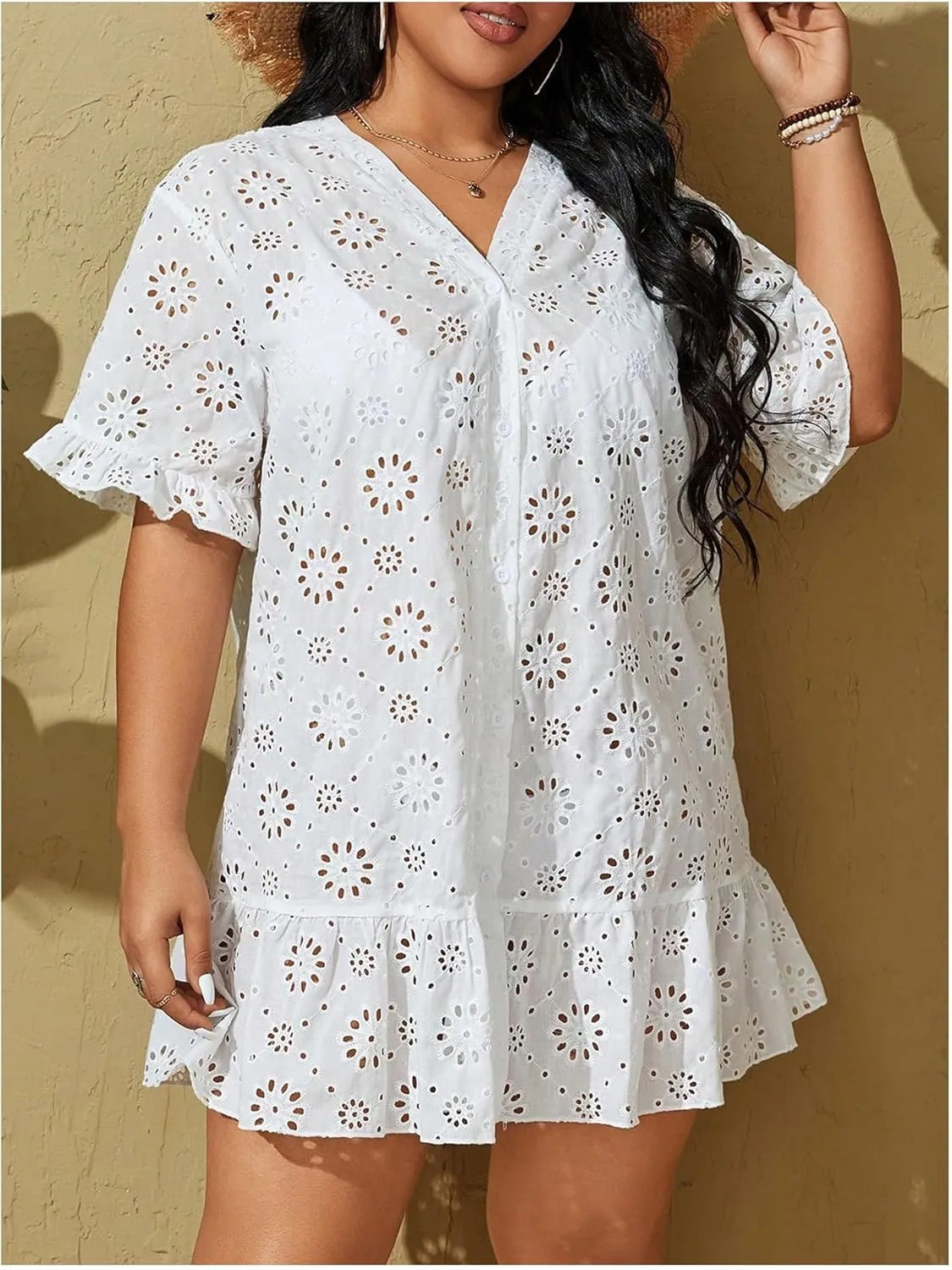 MakeMeChic Women's Plus Size Cover Up Swimsuit Hollow Out Short Sleeve V Neck Bikini Coverup