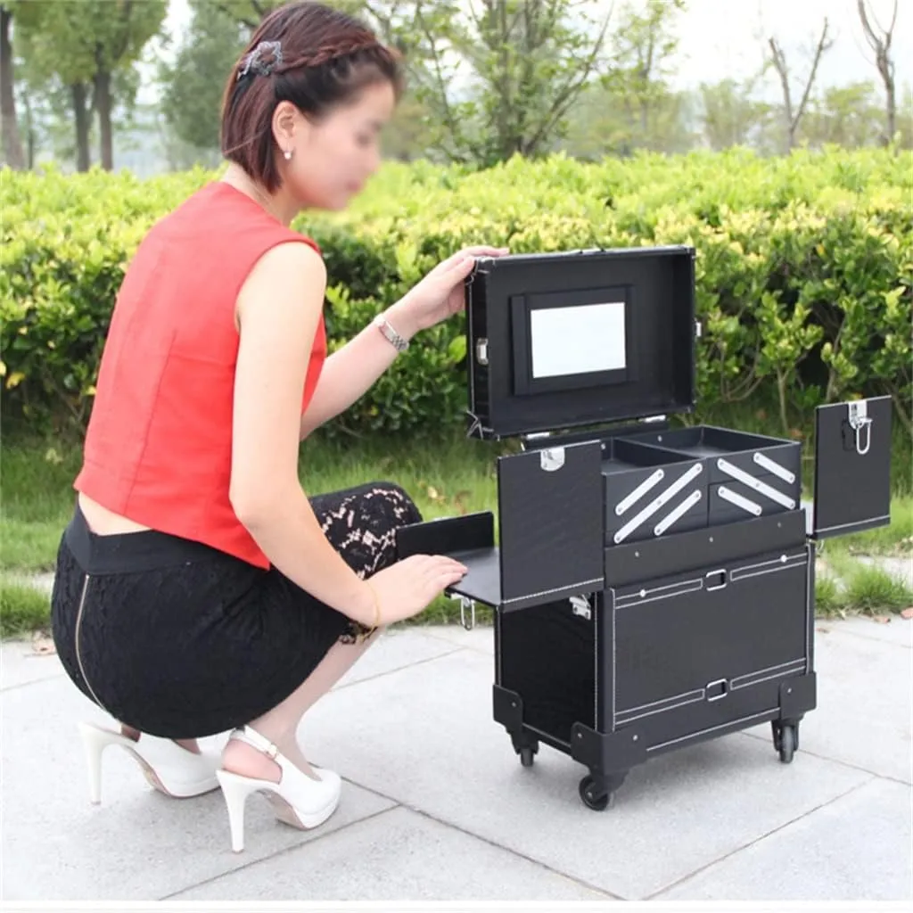 Makeup Artist Nail Art Suitcase Folding Retro Large Suitcase Wheeled Travel Rolling Hand Luggage Trolley Case(Black)