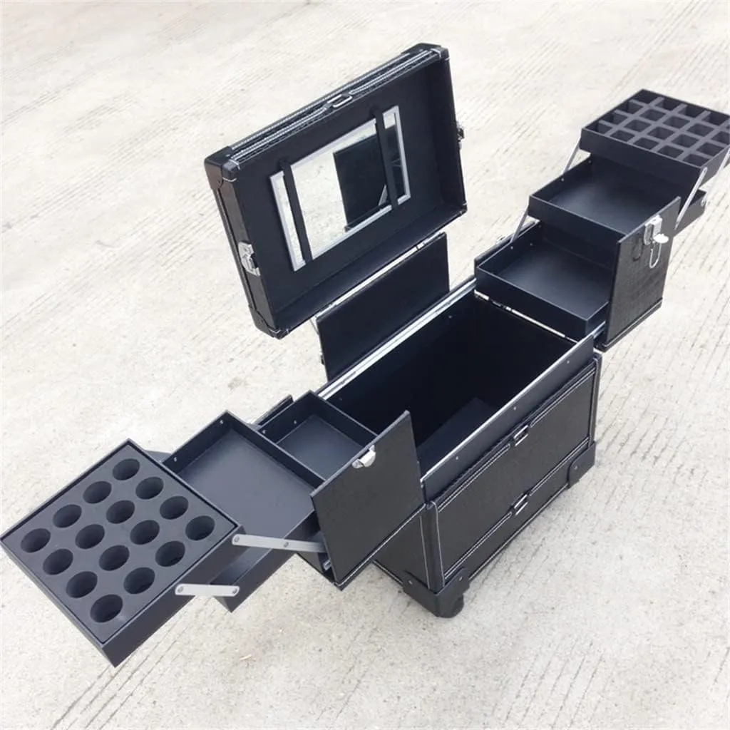 Makeup Artist Nail Art Suitcase Folding Retro Large Suitcase Wheeled Travel Rolling Hand Luggage Trolley Case(Black)