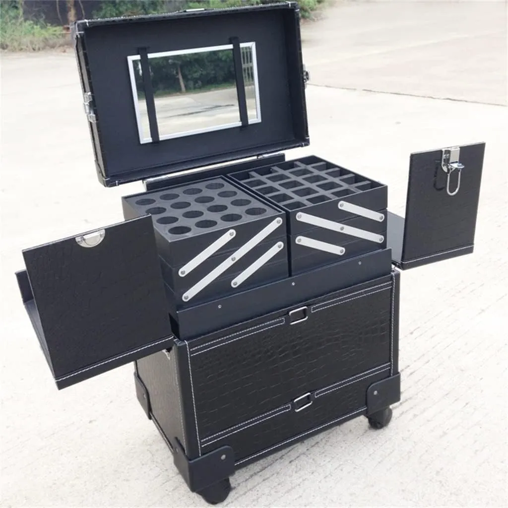 Makeup Artist Nail Art Suitcase Folding Retro Large Suitcase Wheeled Travel Rolling Hand Luggage Trolley Case(Black)