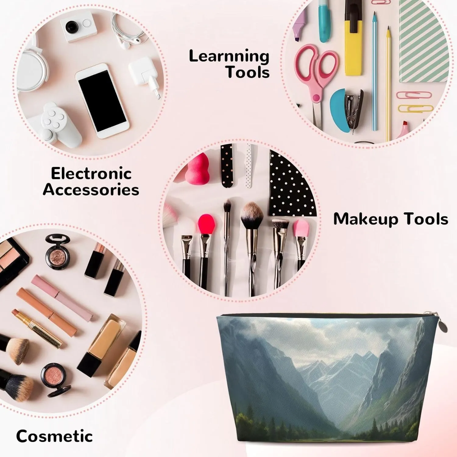 Makeup Bag for Women Valley Travel Cosmetic Bag Large Capacity Portable Makeup Organizer Bags PU Leather Waterproof Toiletry Bag Cute Aesthetic Zipper Makeup Pouch