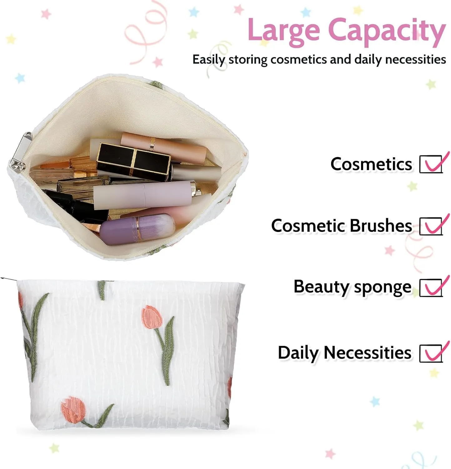 Makeup Bag Large Capacity Elegant Bow Preppy Cosmetic Bag Aesthetic Design Canvas Zipper Organizer Pouch Cute Roomy Pink Portable Toiletry Bag for Women Girls Travel Storage Accessories, White-Green,