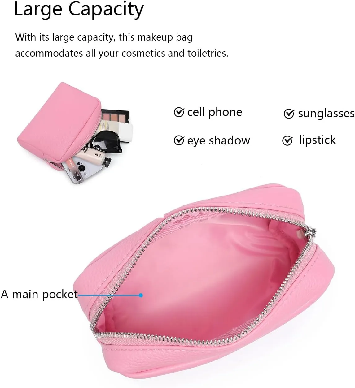Makeup Bag Large Capacity Women's Classic Black Wash Bag Adjustable Partition Wash Brush and Cosmetic Carrying Bag (PU/Azalea Pink)