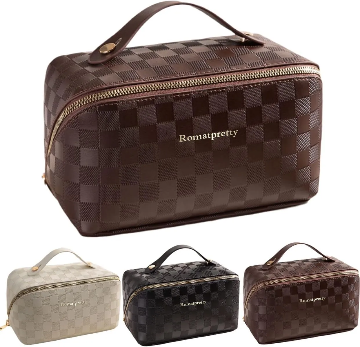 Makeup Bag, Portable Cosmetic Bag, Large Capacity Vanity Cases for Women,Waterproof Portable Pouch Open Flat Toiletry Bag Make up Organizer with Divider and Handle, Brown