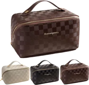 Makeup Bag, Portable Cosmetic Bag, Large Capacity Vanity Cases for Women,Waterproof Portable Pouch Open Flat Toiletry Bag Make up Organizer with Divider and Handle, Brown