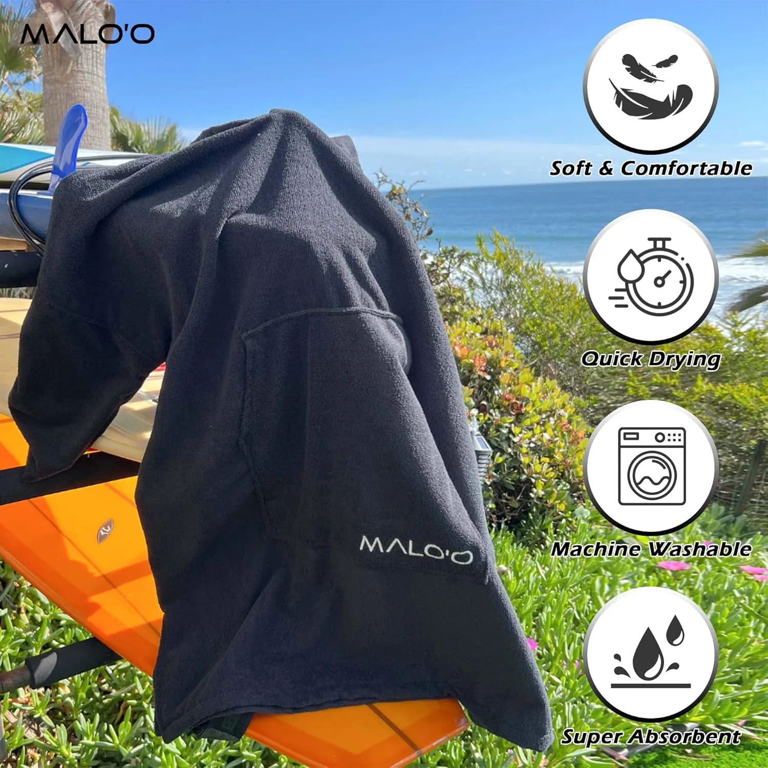 Malo'o Microfiber Surf Poncho - Youth 10-14 Black (Youth)
