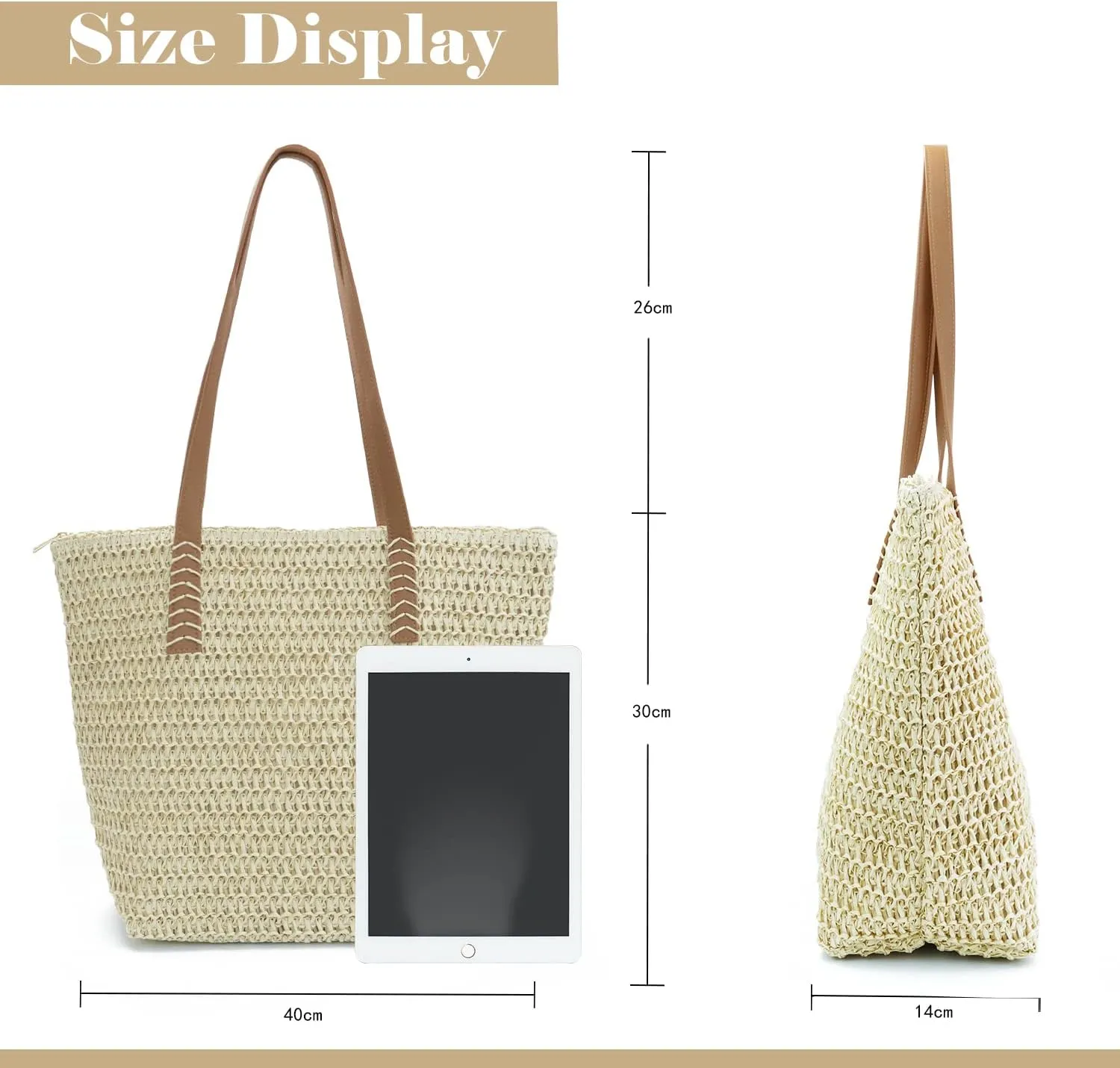 MAMUNU Straw Beach Bag for Women Large Straw Tote Bag with Zipper Summer Woven Bag Beach Travel Casual Straw Shoulder Bags