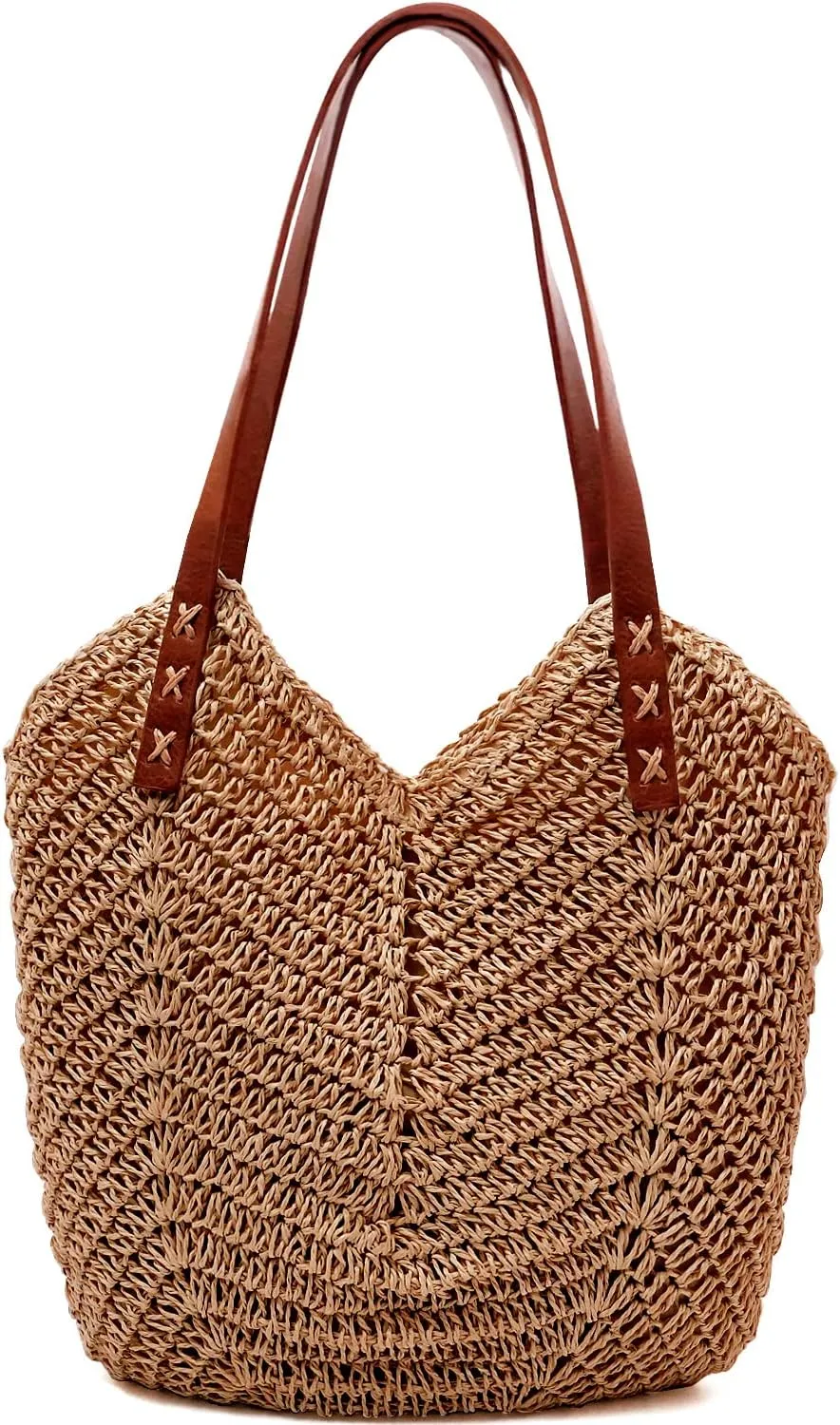 MAMUNU Straw Beach Bag for Women Large Straw Tote Bag with Zipper Summer Woven Bag Travel Straw Shoulder Bags for Vocation