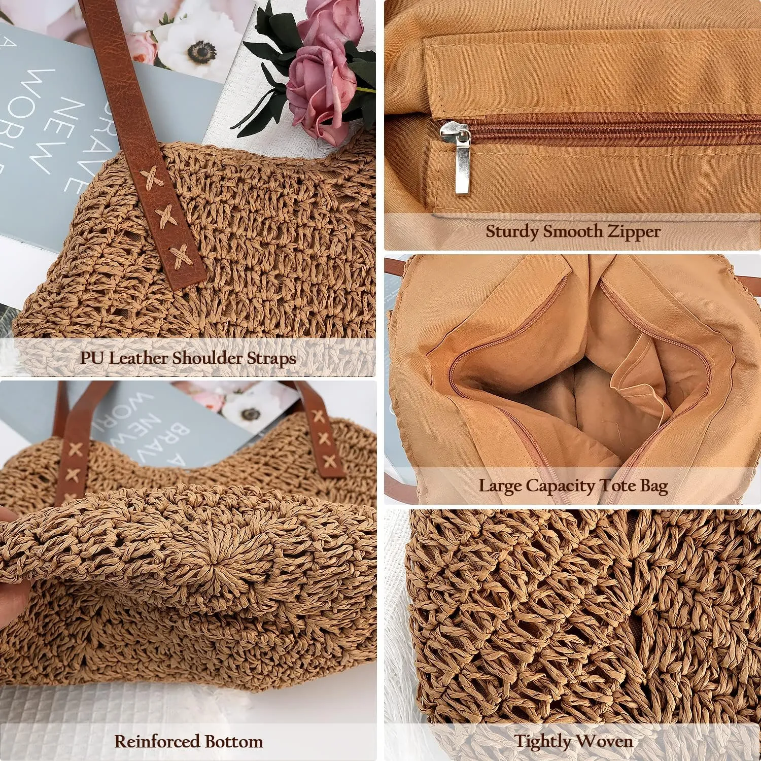 MAMUNU Straw Beach Bag for Women Large Straw Tote Bag with Zipper Summer Woven Bag Travel Straw Shoulder Bags for Vocation