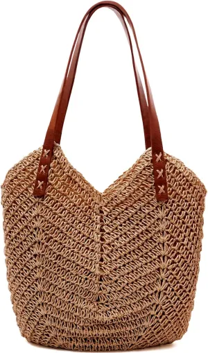 MAMUNU Straw Beach Bag for Women Large Straw Tote Bag with Zipper Summer Woven Bag Travel Straw Shoulder Bags for Vocation