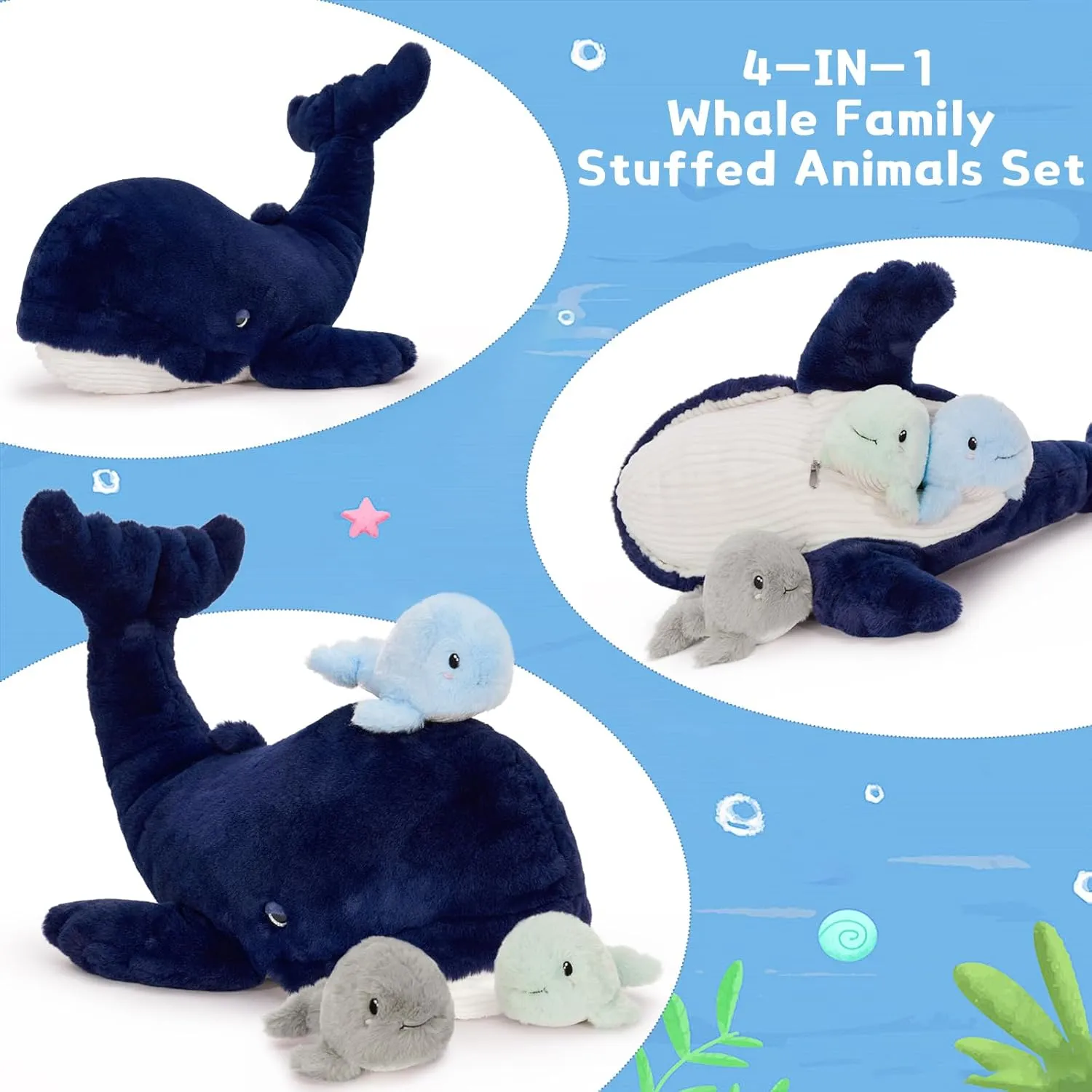 MaoGoLan 20'' Blue Whale Plush Toy Stuffed Animals Set for Kids 5-7, Giant Stuffed Whale Mommy with 3 Babies Inside - Party Favors Bulk Boys Girls Christmas Easter Valentine's Day Birthday Gift