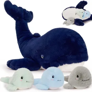 MaoGoLan 20'' Blue Whale Plush Toy Stuffed Animals Set for Kids 5-7, Giant Stuffed Whale Mommy with 3 Babies Inside - Party Favors Bulk Boys Girls Christmas Easter Valentine's Day Birthday Gift