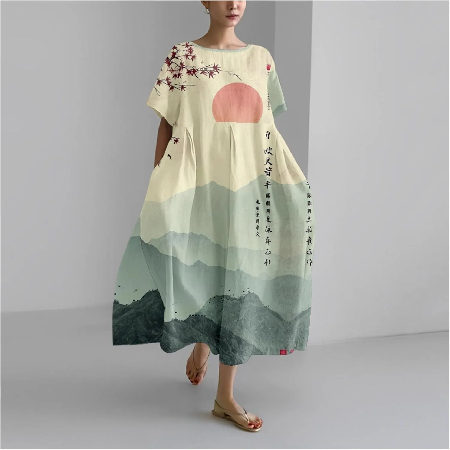 MARSVOVO Boho Dress for Women 2024 Plus Size Retro Moon Pattern Oversized Trendy Pleated High Waist Flowy Japanese Dress
