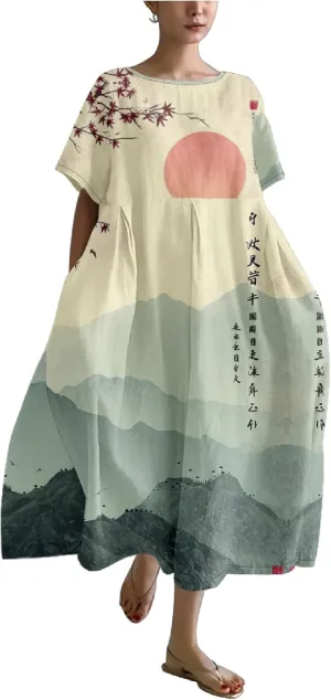 MARSVOVO Boho Dress for Women 2024 Plus Size Retro Moon Pattern Oversized Trendy Pleated High Waist Flowy Japanese Dress