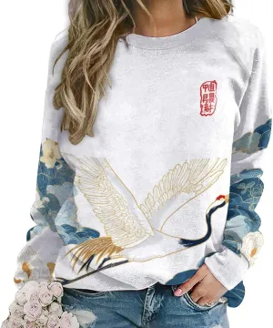 MARSVOVO Crewneck Sweatshirt for Women Long Sleeve Shirts Japanese Art Print Vintage Y2k Spring Fall Pullover Sweatshirt