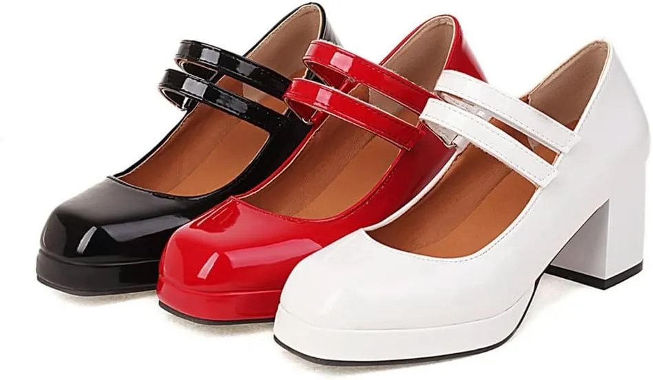Mary Jane Shoes Women Patent Leather Hook Loop Ankle Strap Pumps Chunky High Heel Platform Lolita Dress Shoes (Color : Black, Size : 6.5-7 US)