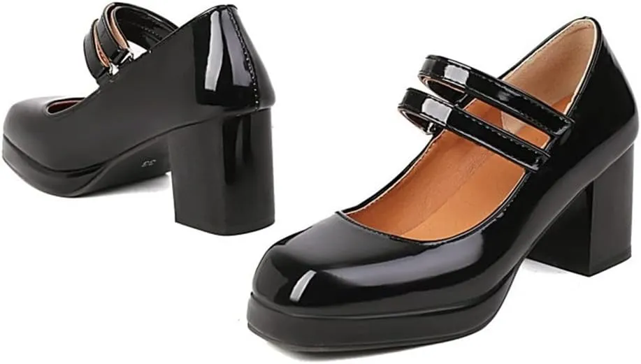 Mary Jane Shoes Women Patent Leather Hook Loop Ankle Strap Pumps Chunky High Heel Platform Lolita Dress Shoes (Color : Black, Size : 6.5-7 US)