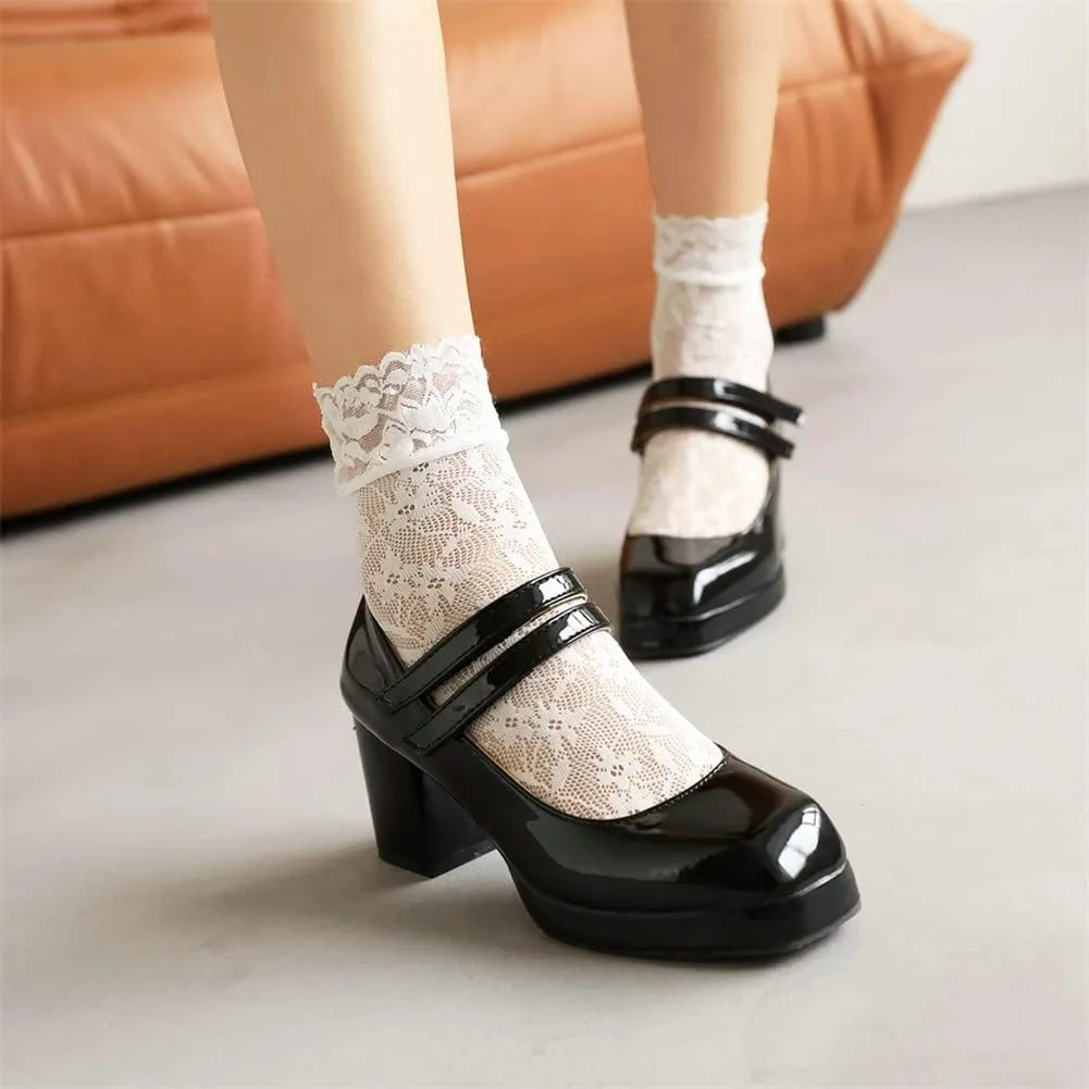 Mary Jane Shoes Women Patent Leather Hook Loop Ankle Strap Pumps Chunky High Heel Platform Lolita Dress Shoes (Color : Black, Size : 6.5-7 US)