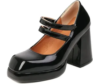 Mary Jane Shoes Women Patent Leather Hook Loop Ankle Strap Pumps Chunky High Heel Platform Lolita Dress Shoes (Color : Black, Size : 6.5-7 US)