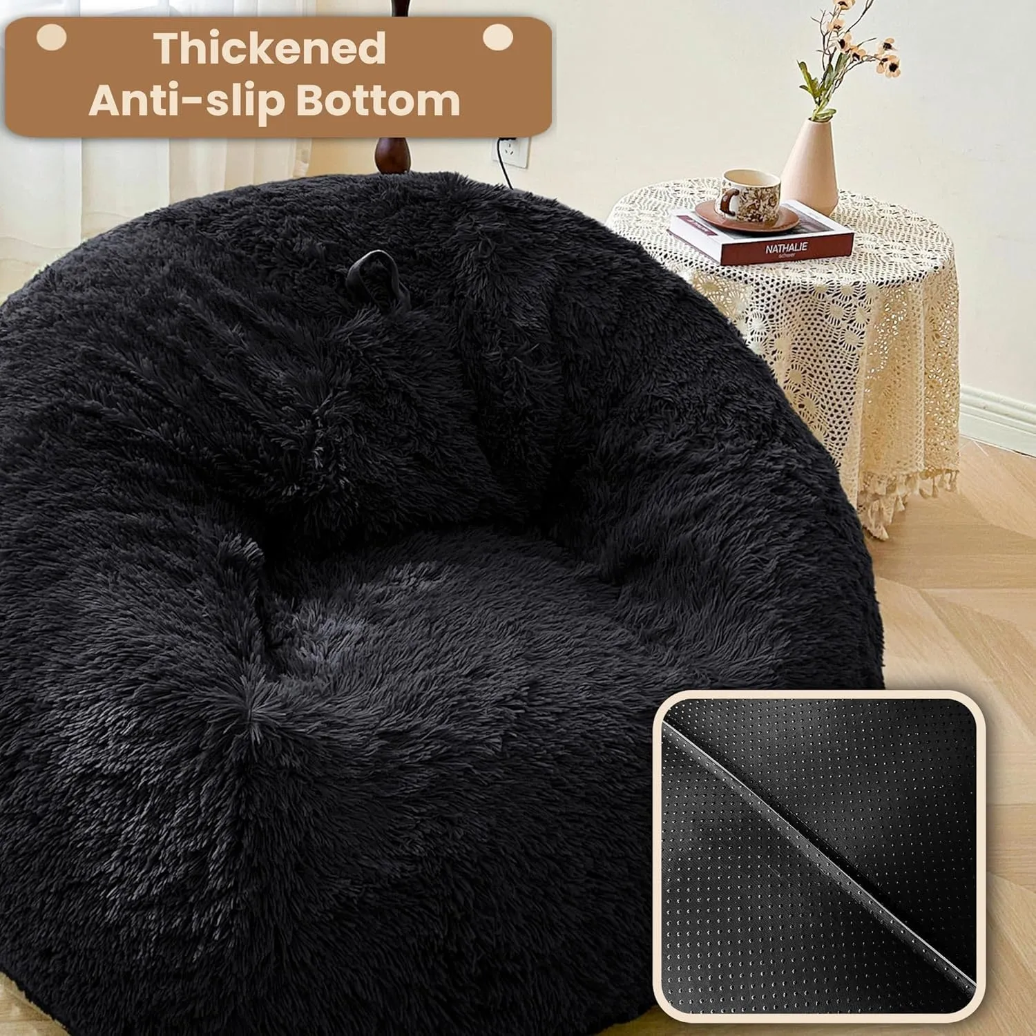 MEGO 5FT Faux Fur Giant Bean Bag Chair Cover (No Filler), Fluffy Comfy Lazy Sofa Bed Cover Reading Living Room Bedroom, Fuzzy Stuffed Animal Beanbag Storage for Plush Toys Textile, Anti-slip, Black