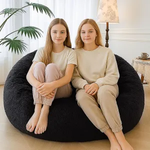 MEGO 5FT Faux Fur Giant Bean Bag Chair Cover (No Filler), Fluffy Comfy Lazy Sofa Bed Cover Reading Living Room Bedroom, Fuzzy Stuffed Animal Beanbag Storage for Plush Toys Textile, Anti-slip, Black
