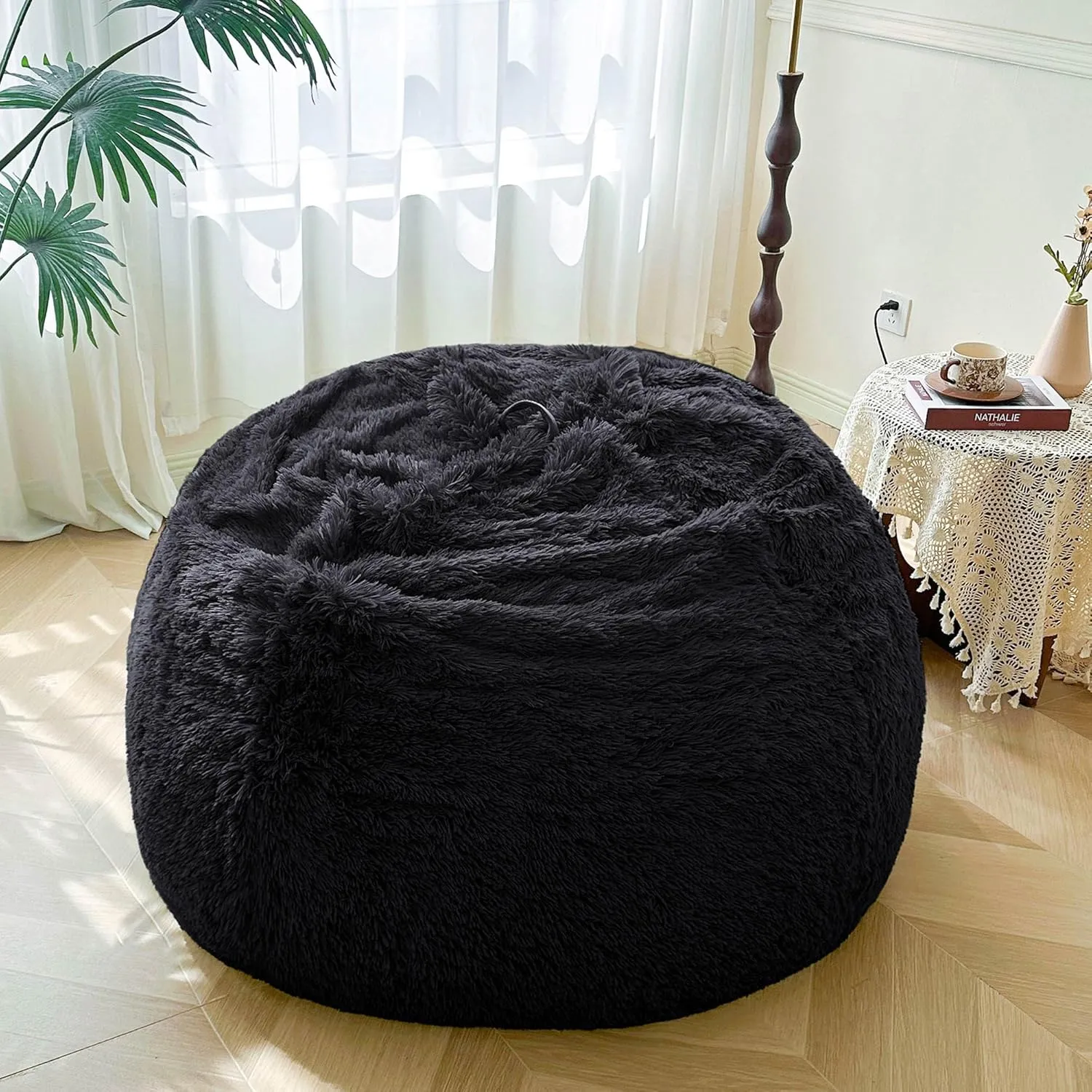 MEGO 5FT Faux Fur Giant Bean Bag Chair Cover (No Filler), Fluffy Comfy Lazy Sofa Bed Cover Reading Living Room Bedroom, Fuzzy Stuffed Animal Beanbag Storage for Plush Toys Textile, Anti-slip, Black