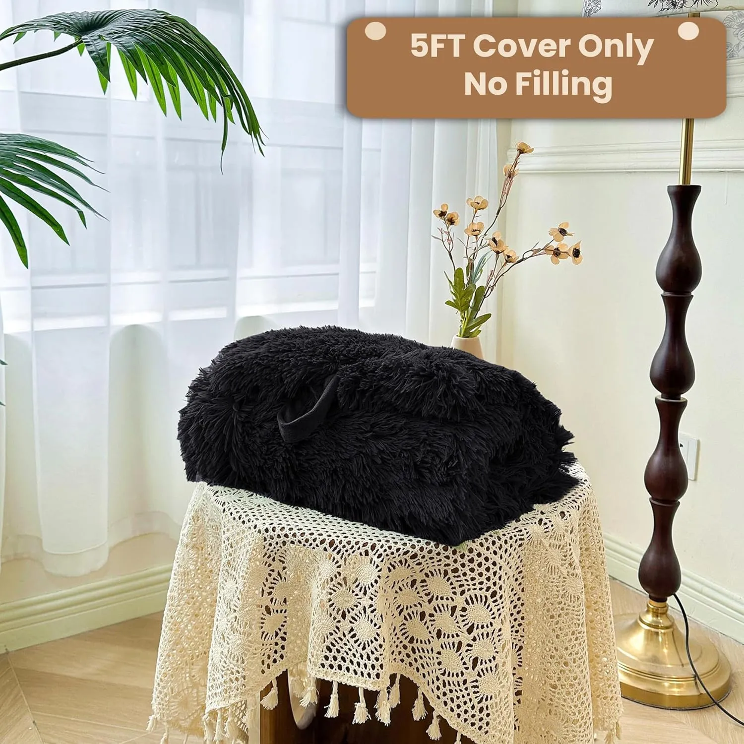 MEGO 5FT Faux Fur Giant Bean Bag Chair Cover (No Filler), Fluffy Comfy Lazy Sofa Bed Cover Reading Living Room Bedroom, Fuzzy Stuffed Animal Beanbag Storage for Plush Toys Textile, Anti-slip, Black