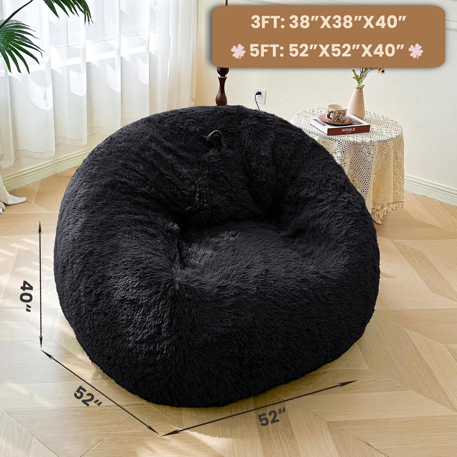 MEGO 5FT Faux Fur Giant Bean Bag Chair Cover (No Filler), Fluffy Comfy Lazy Sofa Bed Cover Reading Living Room Bedroom, Fuzzy Stuffed Animal Beanbag Storage for Plush Toys Textile, Anti-slip, Black