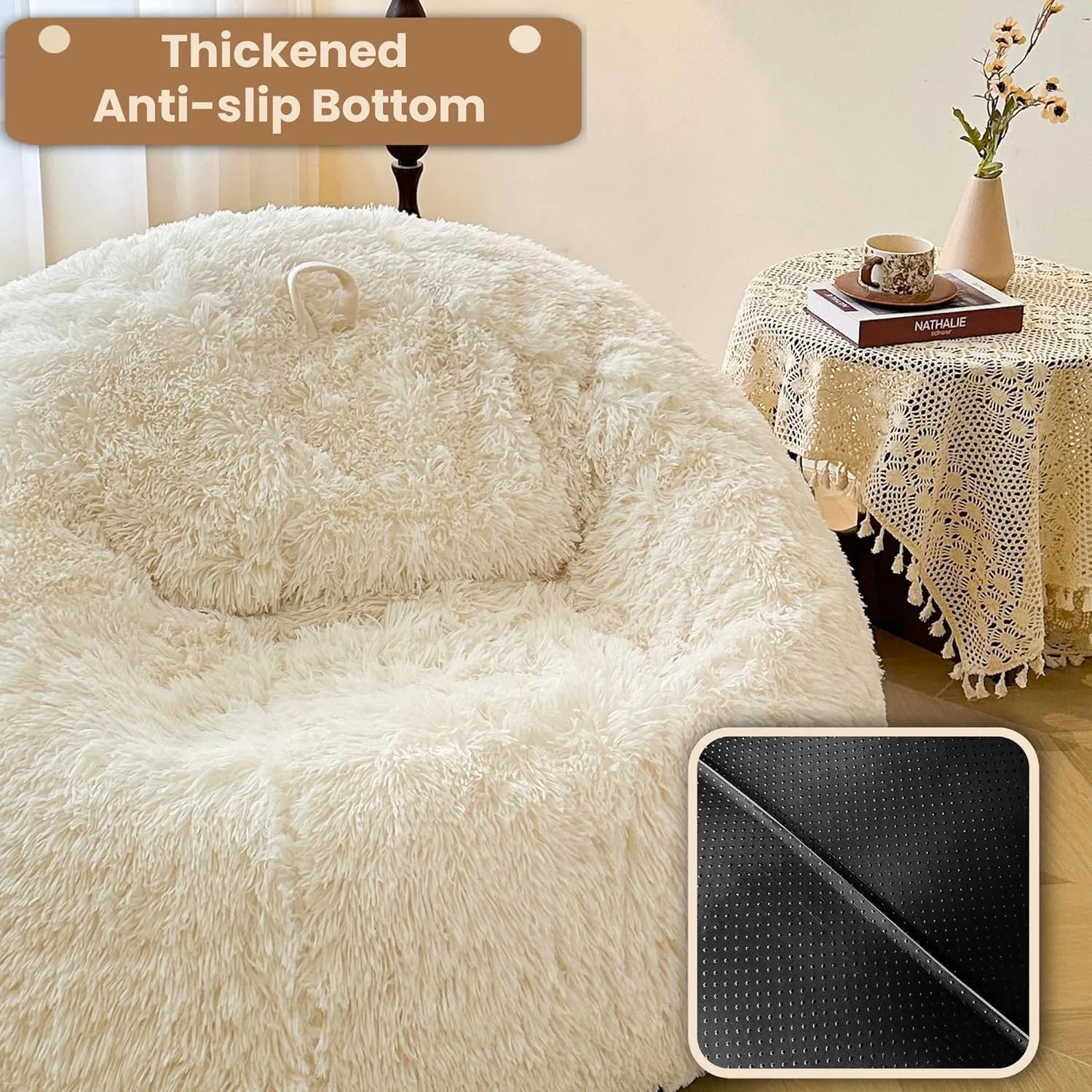 MEGO 5FT Giant Faux Fur Bean Bag Chair Cover (No Filler), Soft Fluffy Lazy Sofa Bed Cover for Living Room Bedroom, Stuffed Animal Beanbag Storage for Plush Toys Textile, Anti-slip, Beige