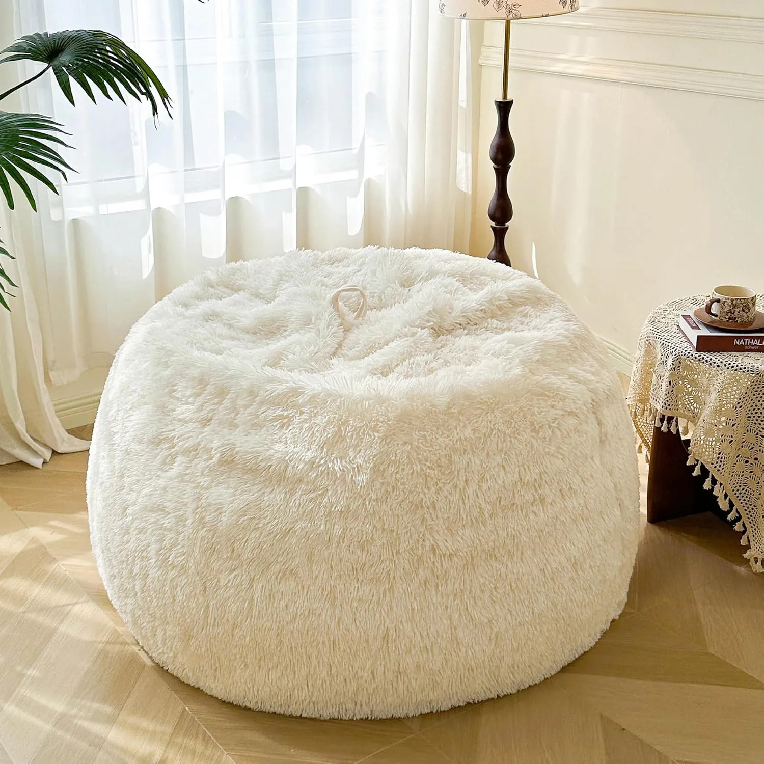 MEGO 5FT Giant Faux Fur Bean Bag Chair Cover (No Filler), Soft Fluffy Lazy Sofa Bed Cover for Living Room Bedroom, Stuffed Animal Beanbag Storage for Plush Toys Textile, Anti-slip, Beige